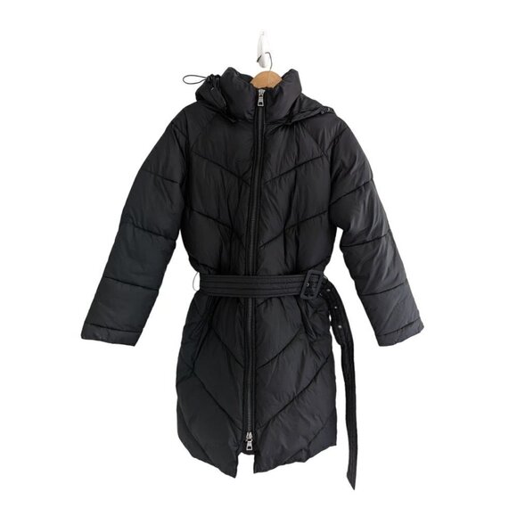 NWOT Express Belted Black Quilted Puffer Long Winter Jacket with Hood - Picture 3 of 13